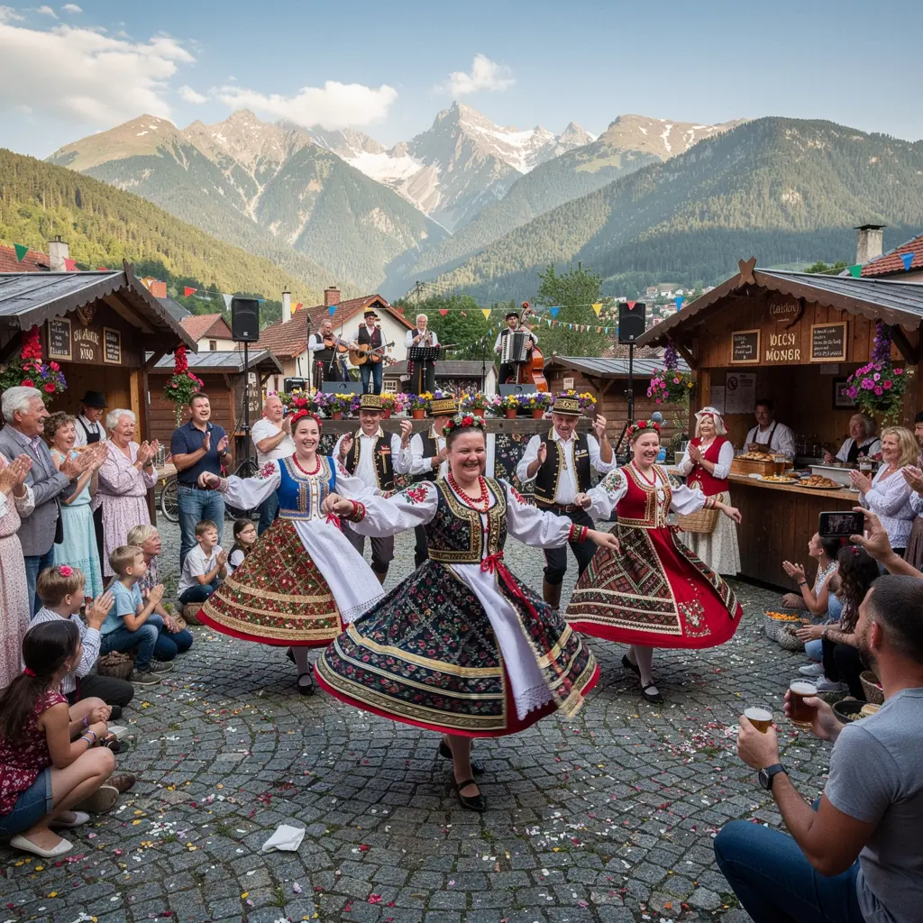 Visitors exploring a cultural village surrounded by preserved traditional buildings and lush greenery.