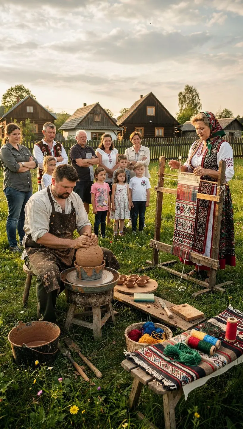 Children participating in traditional folk dances during a cultural festival in a Slovak village square.