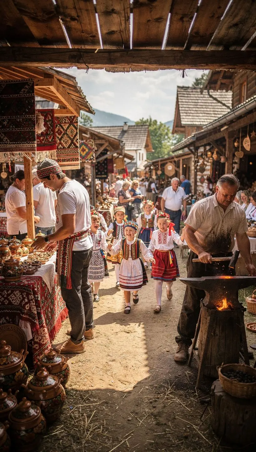A scenic landscape of rolling hills and meadows, dotted with traditional settlements that reflect Slovakia's rural traditions.