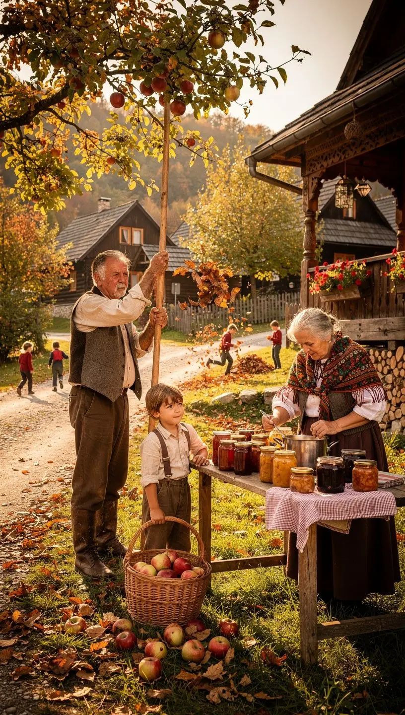 Traditional Slovak village showcasing folk architecture with wooden houses and vibrant gardens.
